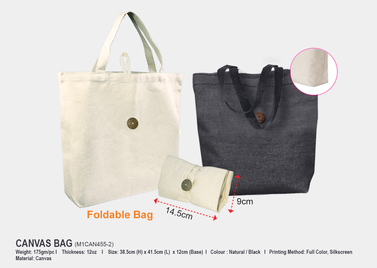 Foldable Canvas Bag M1CAN455-2 <br> 38.5cm(H) x 41.5cm(L) x 12cm(Base)