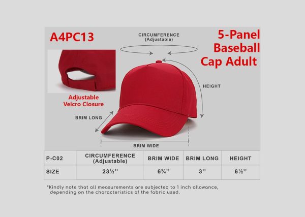 5-Panel Baseball Cap Adult A4PC13 chart