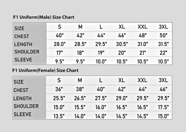 Chef Uniform A3CU12 chart