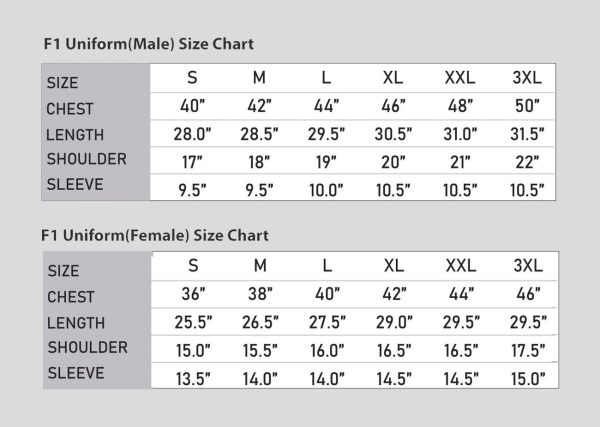 F1 Uniform A3US2611 chart