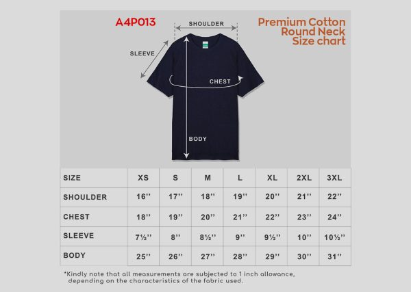 Premium Cotton Round Neck-A4P013 chart