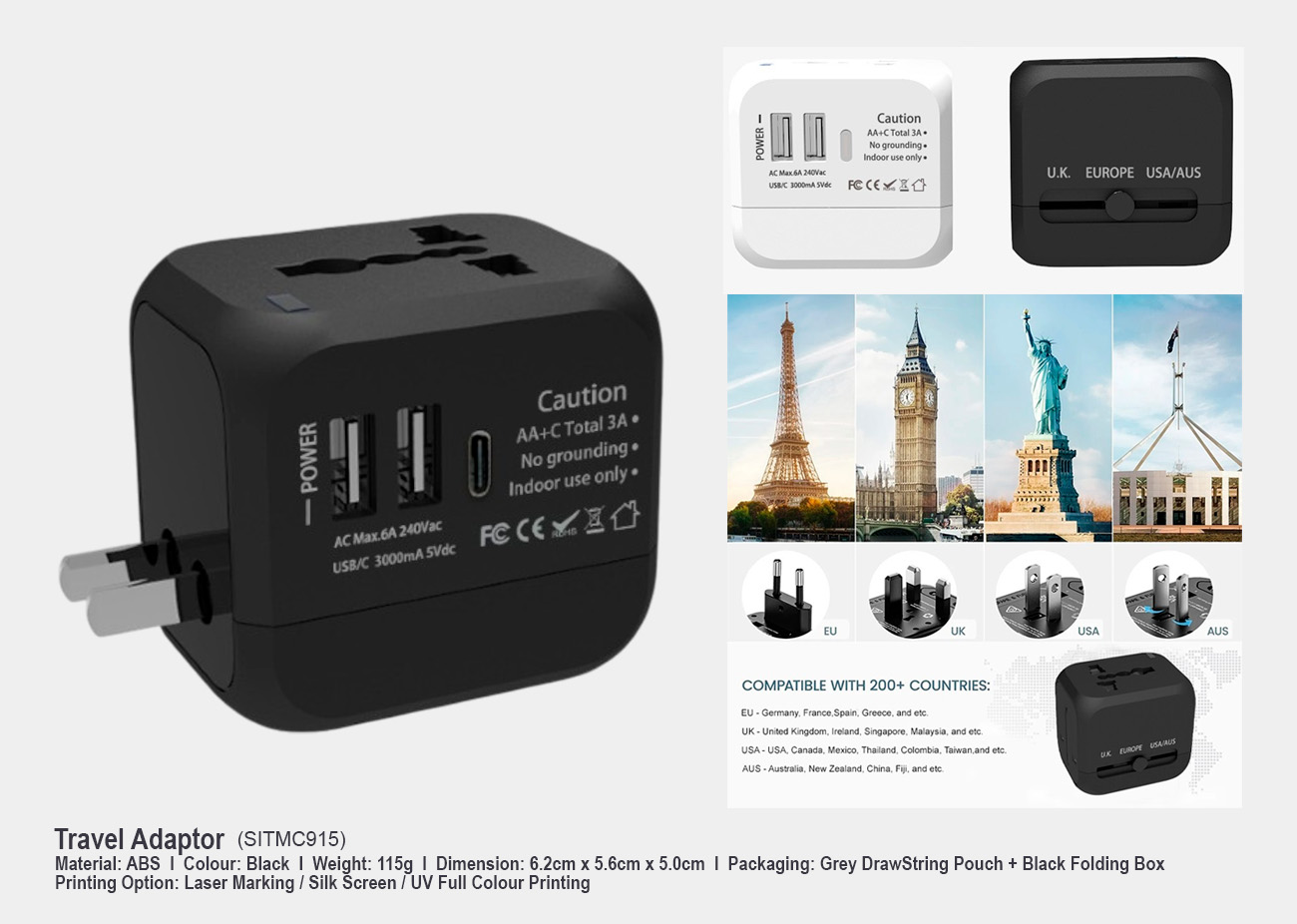 Travel Adaptor SITMC915 <br> 62mm(L) x 56mm(W) x 50mm(H)