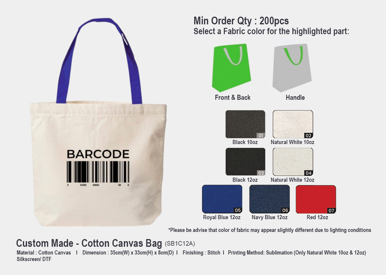 Canvas Bag SB1C12A <br>35cm (W) x 33cm (H) x 8cm(D)