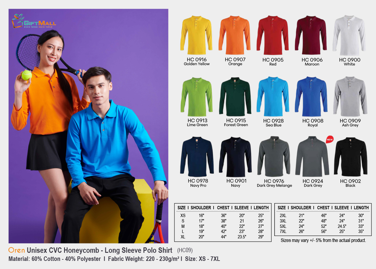 Oren HC 09<br>(220-230gsm)<br>Unisex CVC Honeycomb Long Sleeve