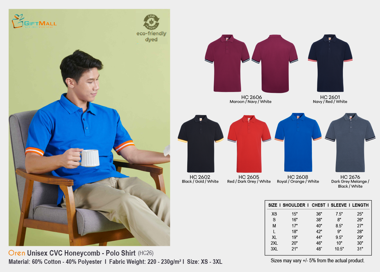 Oren HC 26<br>(220-230gsm)<br>Unisex CVC Honeycomb