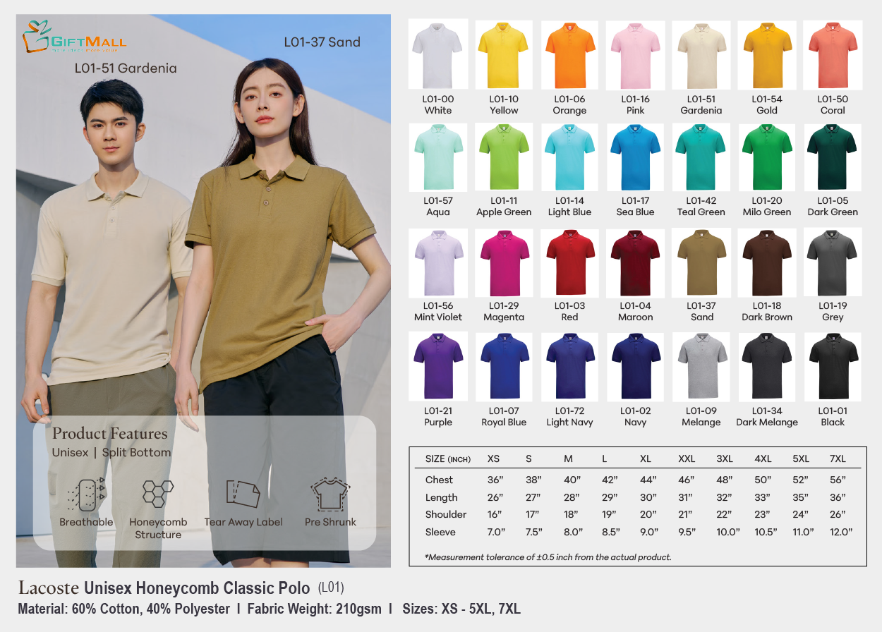 Lacoste L01 (210gsm)<br>Unisex Polo Honeycomb