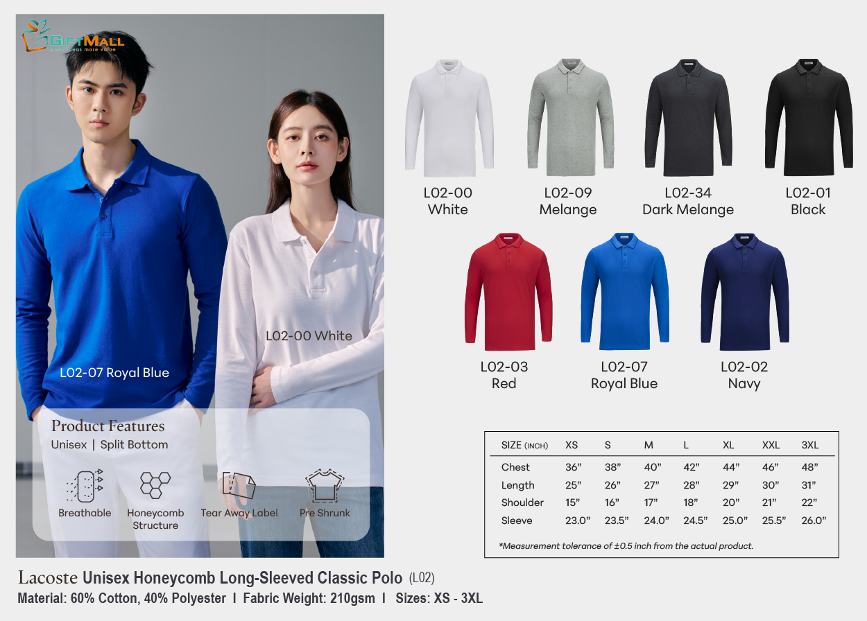 Lacoste L02 (220gsm)<br>Unisex Polo Honeycomb Long-Sleeve