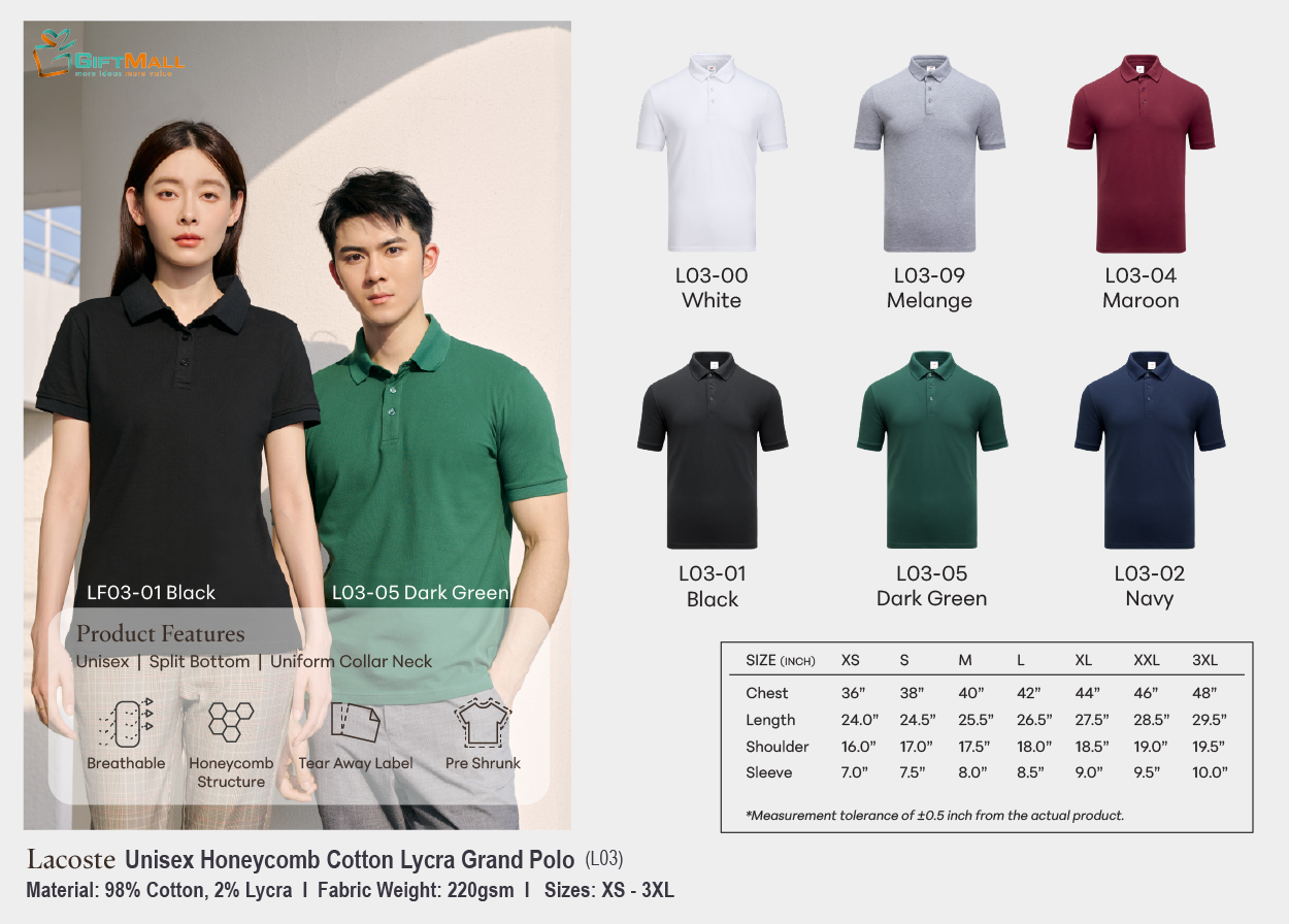 Lacoste L03 (220gsm)<br>Unisex Polo Honeycomb