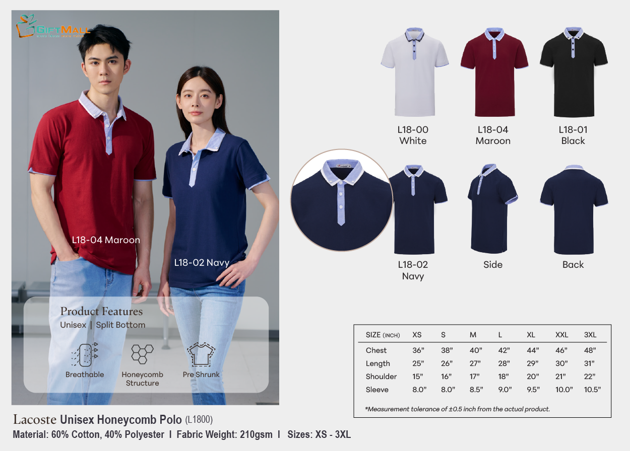 Lacoste L1800 (210gsm)<br>Unisex Polo Honeycomb
