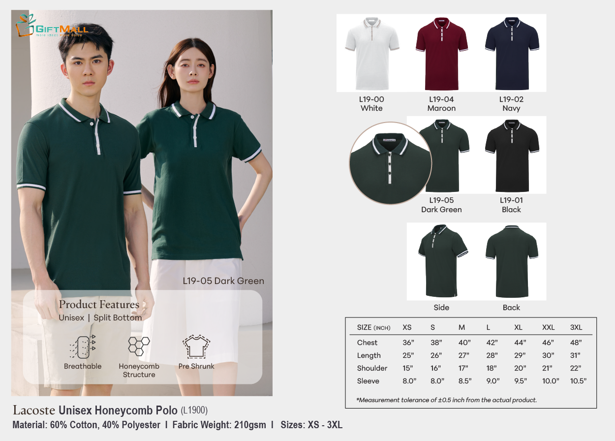 Lacoste L1900 (210gsm)<br>Unisex Polo Honeycomb