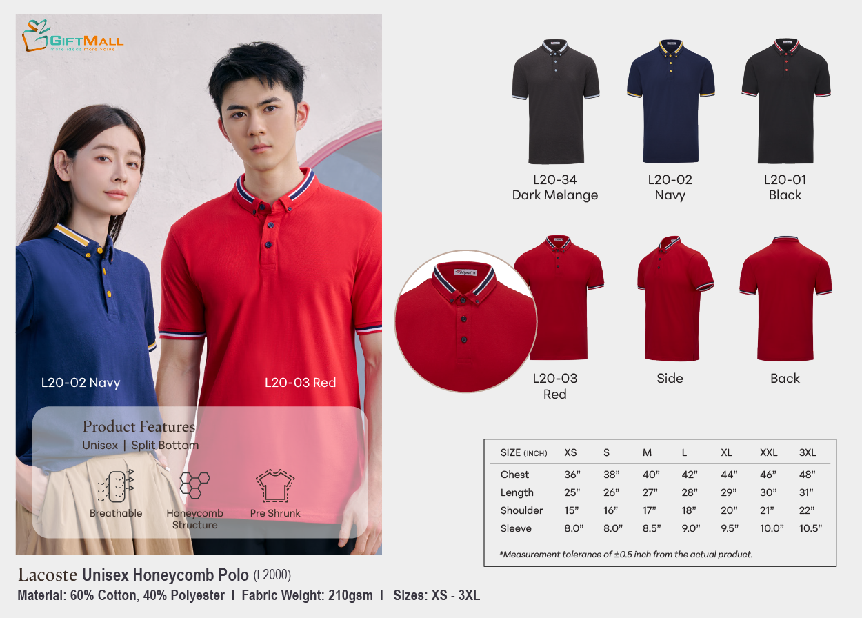 Lacoste L2000 (210gsm)<br>Unisex Polo Honeycomb