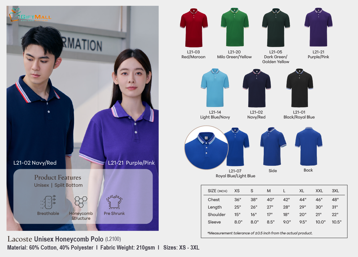 Lacoste L2100 (210gsm)<br>Unisex Polo Honeycomb
