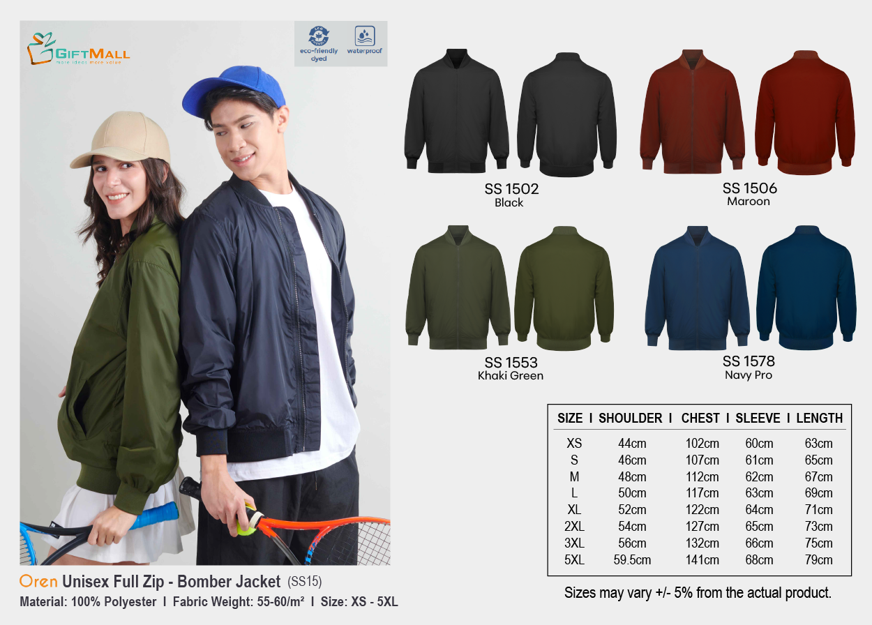 Oren SS15<br>Unisex Bomber Jacket<br>(55-60gsm)