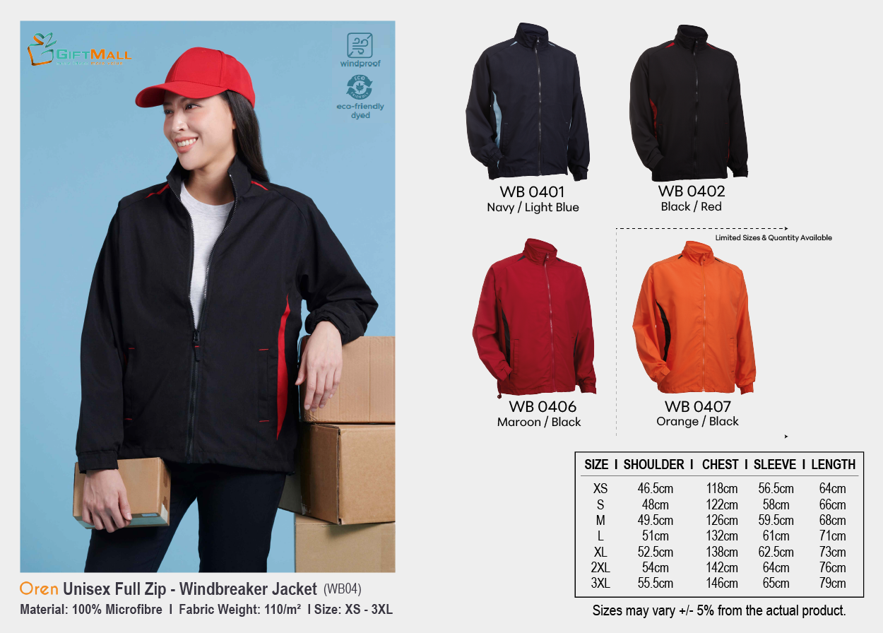 Oren WB04<br>Unisex Windbreaker Jacket (110gsm)