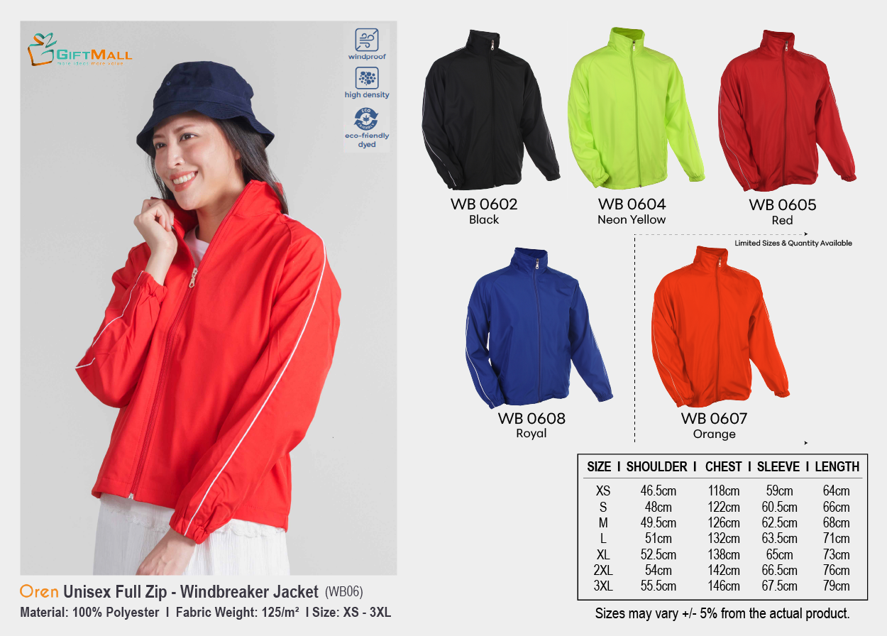 Oren WB06<br>Unisex Windbreaker Jacket (125gsm)