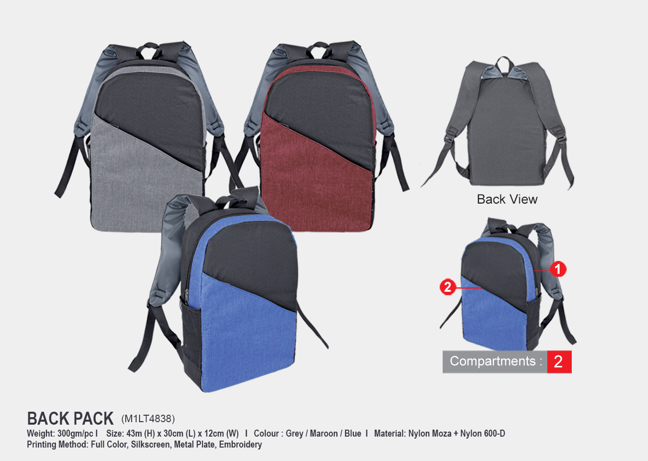 Back Pack M1BP4838 <br> 43cm(H) x 30cm(L) x 12cm(W)
