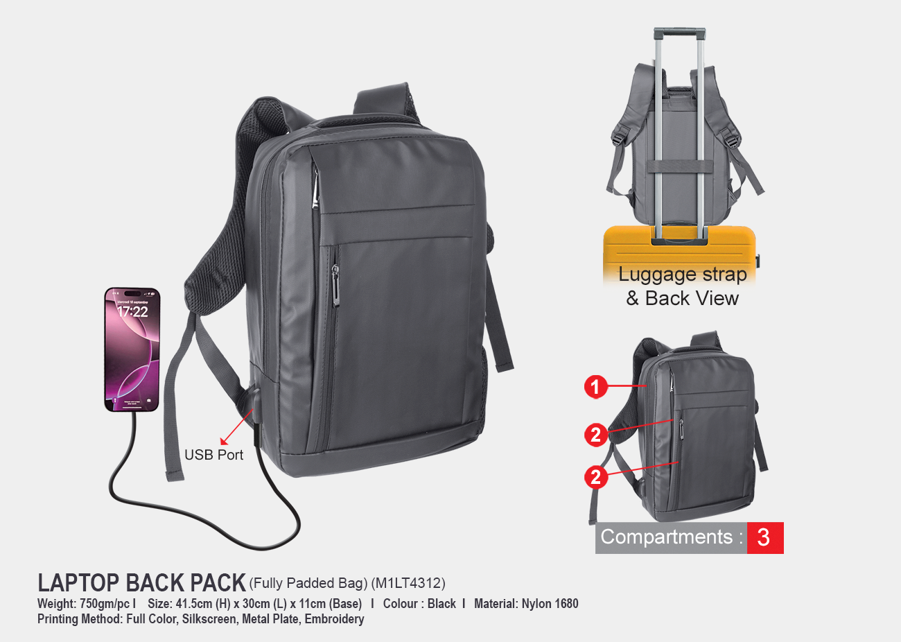 Laptop Back Pack M1LT4312 <br> 41.5cm(H) x 30cm(L) x 11cm(W)
