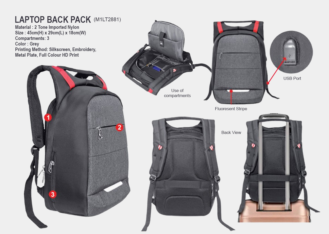 Laptop Back Pack M1LT2881 <br> 45cm(H) x 29cm(L) x 18cm(W)