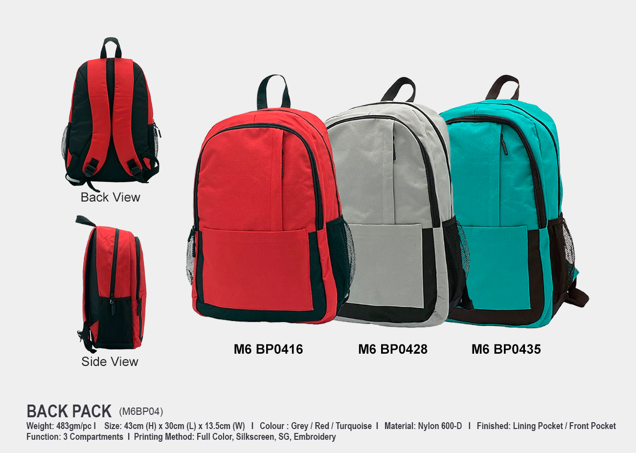 Backpack M6BP04 <br> 30cm(L) x 13.5cm(W) x 43cm(H)
