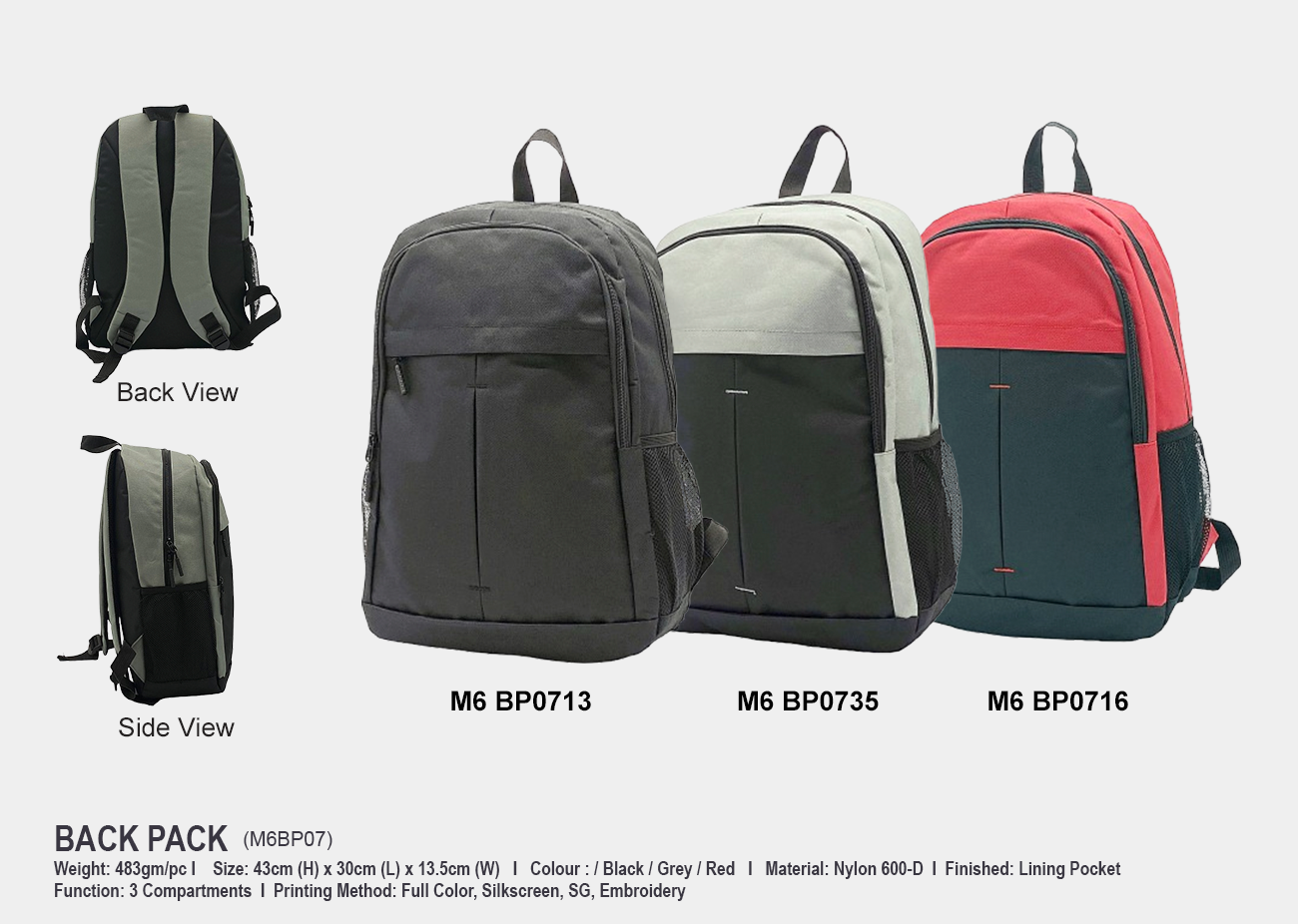 Backpack M6BP07 <br> 30cm(L) x 13.5cm(W) x 43cm(H)