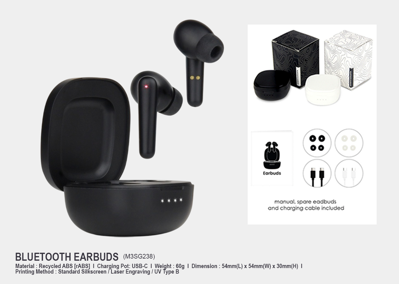 Bluetooth Wireless Earbuds M3SG238<br>54mm(L) x 54mm(W) x 30mm(H)