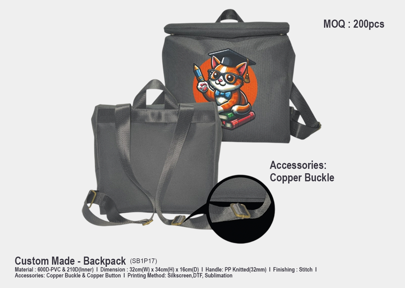 Backpack SB1P17 <br>32cm(L) x 34cm(W) x 16cm(H)