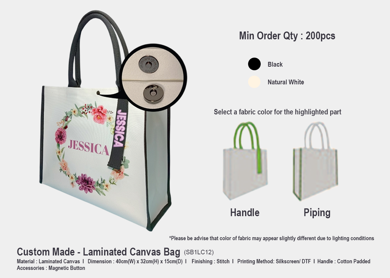 Laminated Canvas Bag SB1LC12 <br> 40cm(W) x 32cm(H) x 15cm(D)