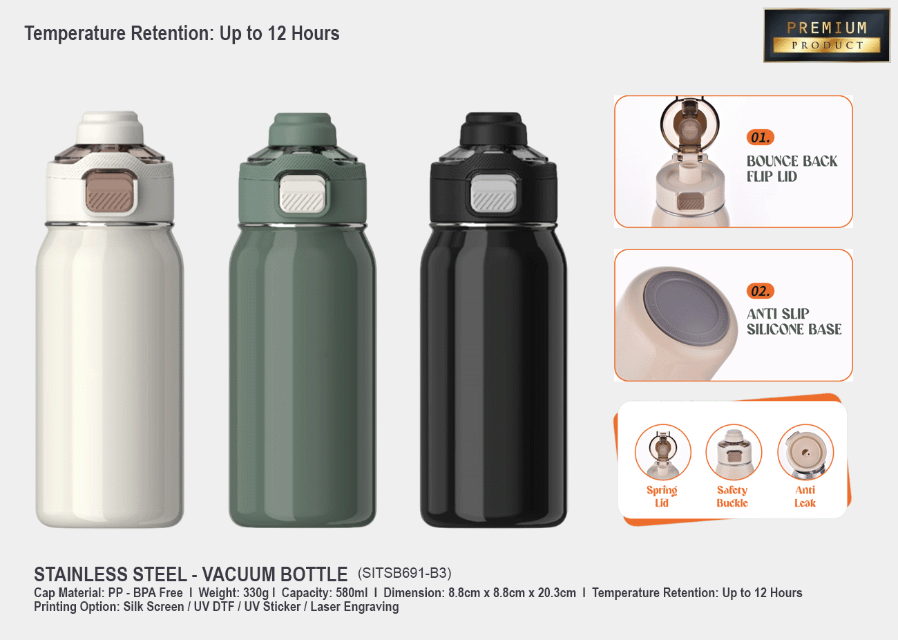 Stainless Steel Vacuum Bottle SITSB691-B3<br>580ml