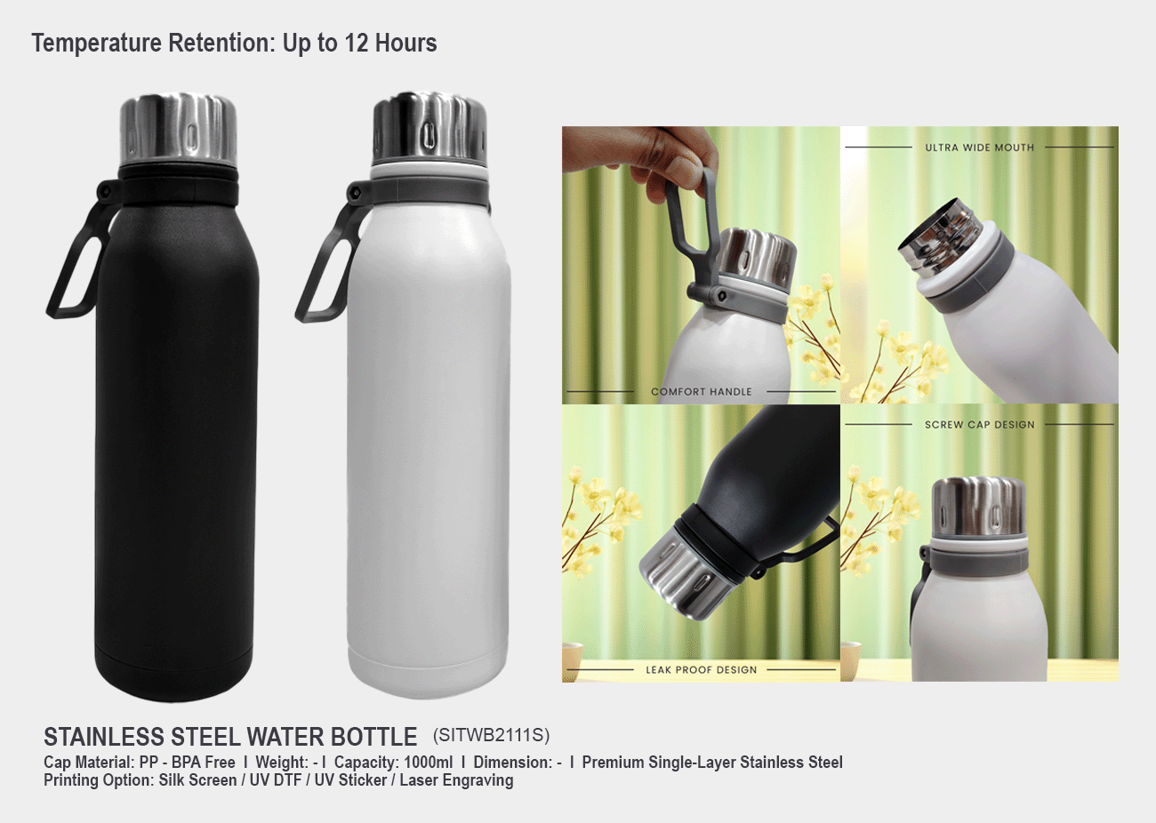 Stainless Steel Water Bottle SITWB2111S <br>1000ml