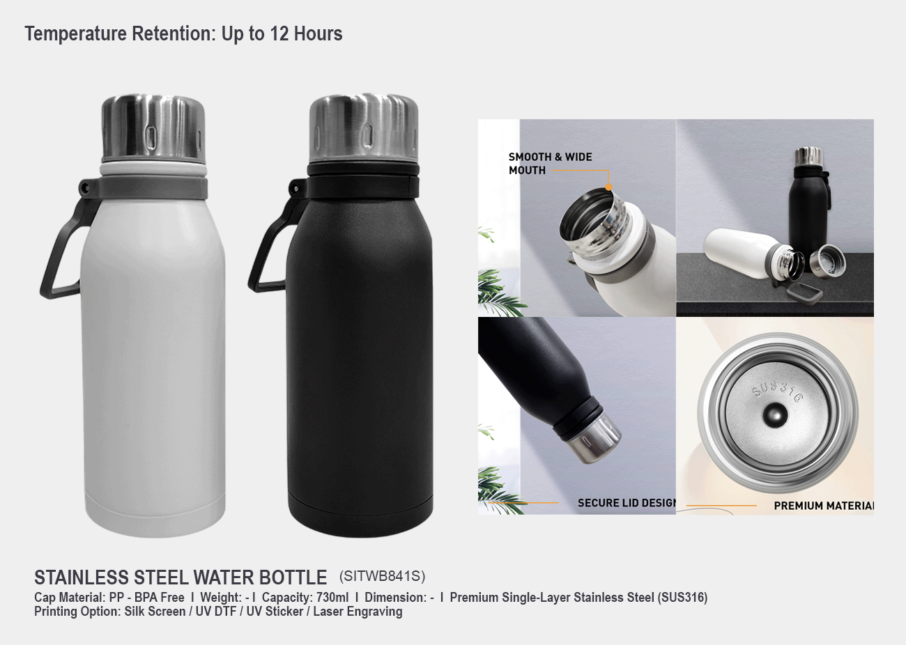 Stainless Steel Water Bottle SITWB841S <br>730ml