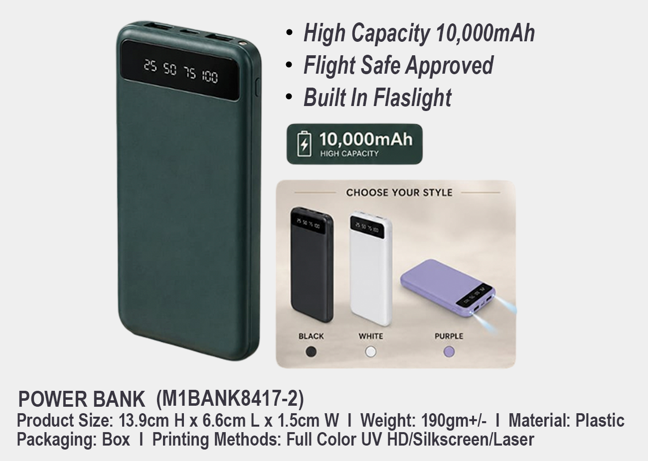 Power Bank with Flash Light M1BANK8417-2 <br> 10,000mAh