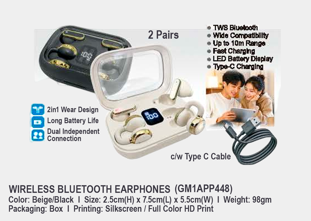 2 Pairs of Bluetooth Wireless Earbuds GM1APP448