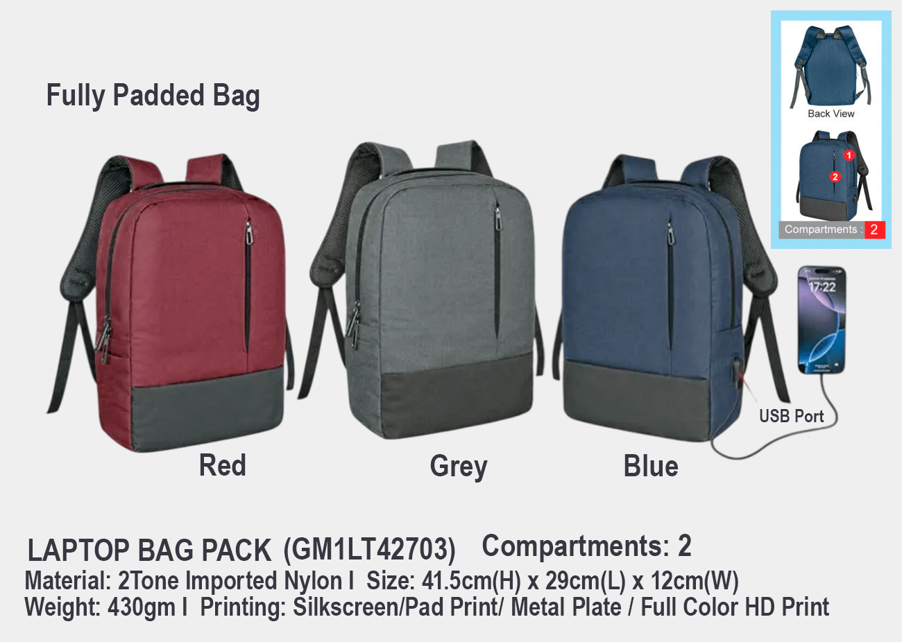 Laptop Back Pack GM1LT42703<br> 41.5cm(H) x 29cm(L) x 12cm(W)