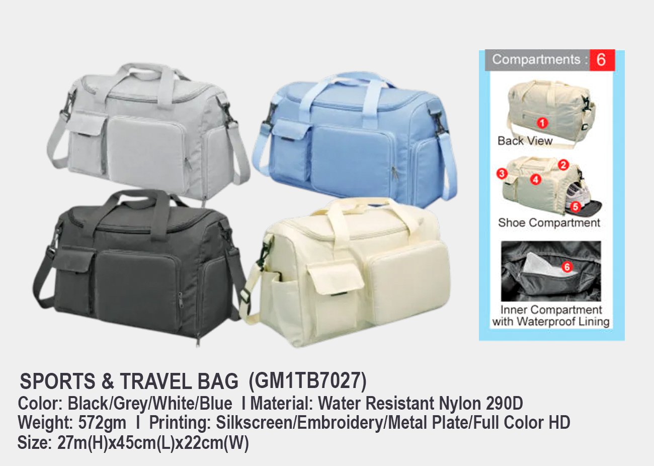 Travelling Bag / Sport Bag GM1TB7027 <br> 27cm(H) x 45cm(L) x 22cm(W)