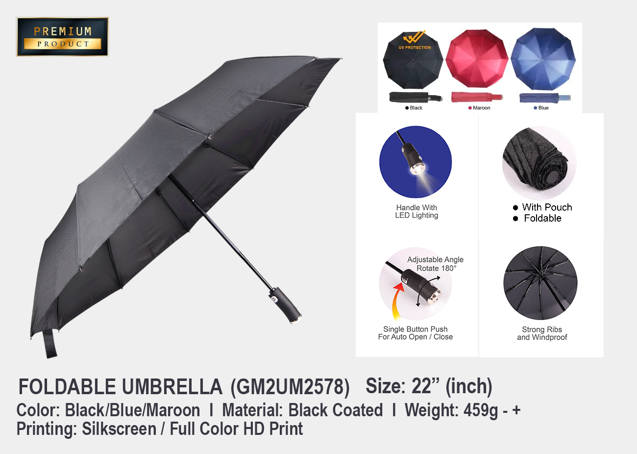 22" Fold Auto Umbrella with LED <br> M2UM2578
